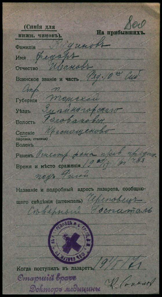 Карточка на прибывших в Череповецкий северный госпиталь. Январь 1917 года