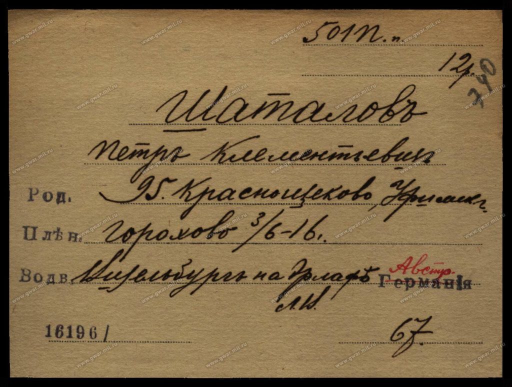 Карточка учета военнопленного Шаталова Петра Климентьевича